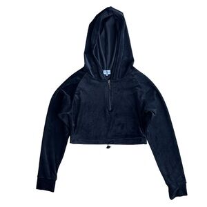 Elite Collection Women’s Med Black Velour Half Zip Drawstring Crop Hoodie 75145E